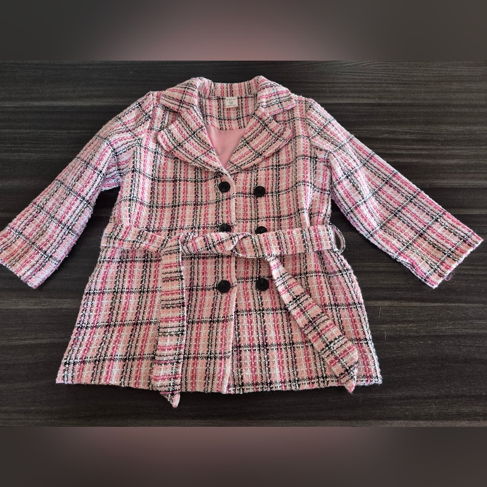 SHEIN Pink Plaid Double-Breasted Belted Girls Blazer